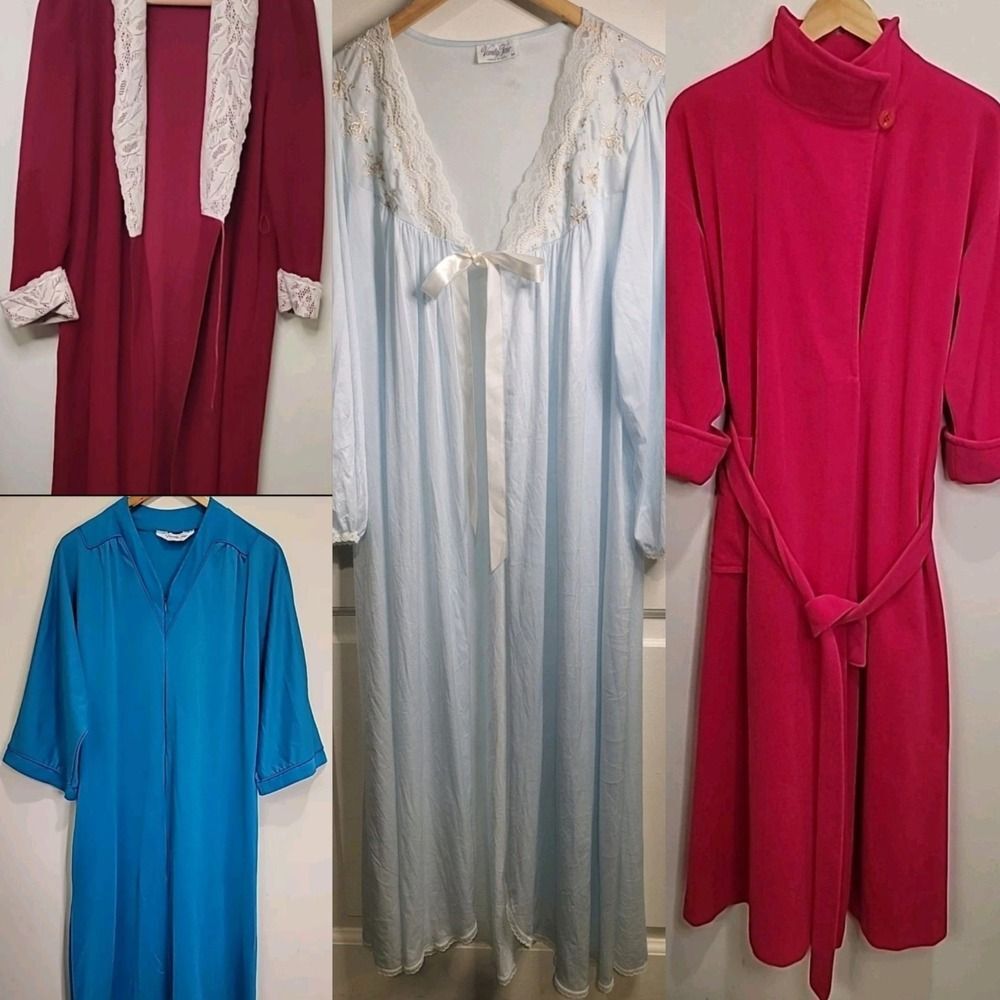 Vtg‎ VANITY FAIR Long NIGHTGOWN ROBE Lot Silky Nylon Fleece Lace Pink Blue USA